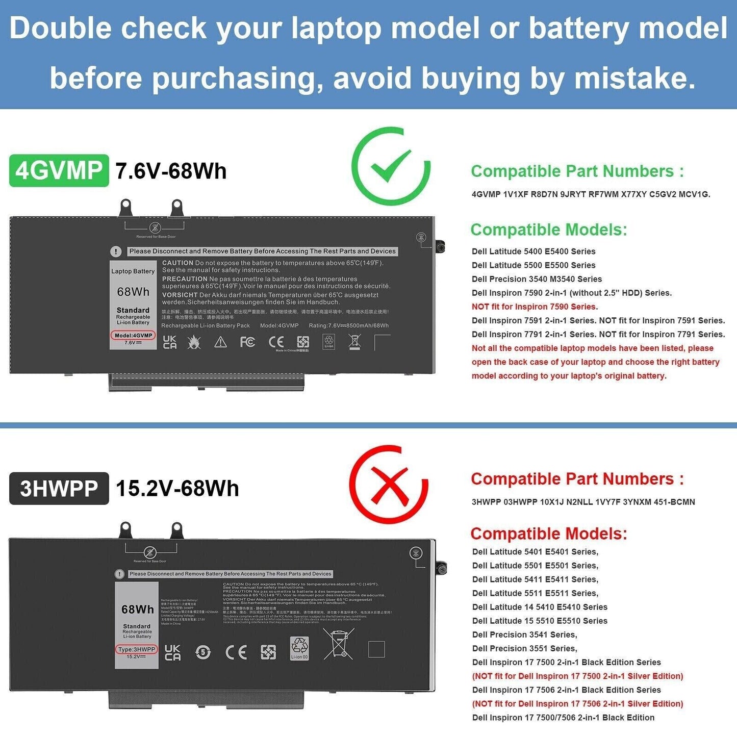 4GVMP Battery for Dell Latitude 5400 5500 Precision 3540 Laptop 9JRYT C5GV2 68Wh