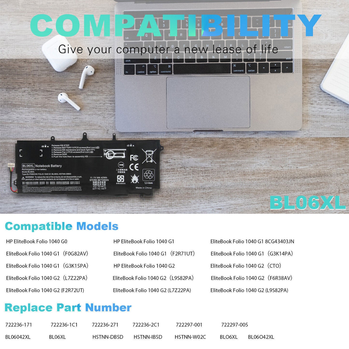 BL06XL Battery for HP EliteBook Folio 1040 G0 G1 G2 HSTNN-DB5D 722297-001 Laptop