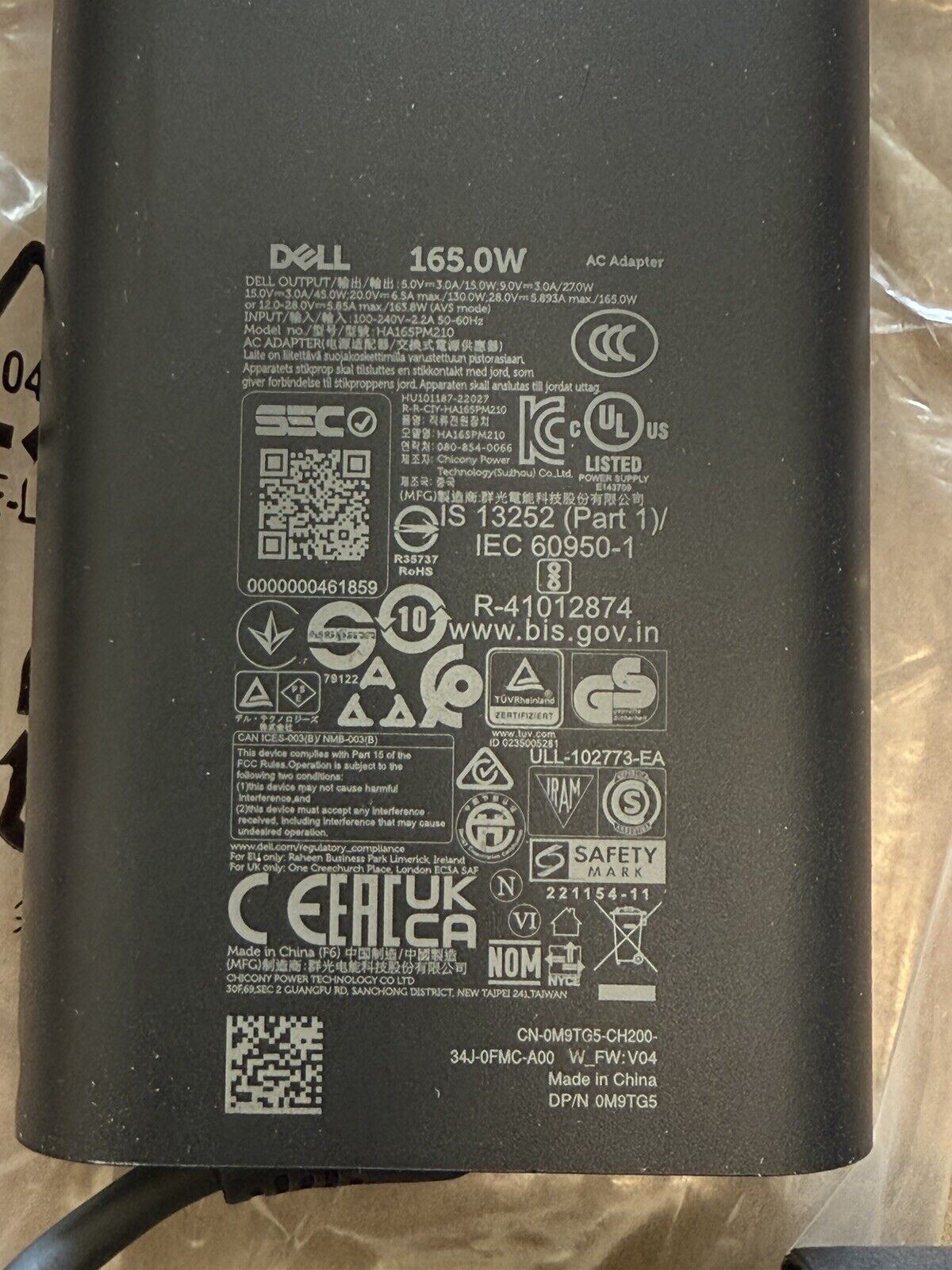 Original Dell 165W USB-C GaN Power Charger Adapter for Dell XPS 15 17 DA165PM210