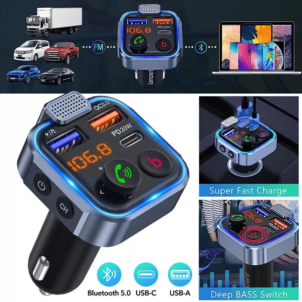 Bluetooth 5.0 Car Wireless FM Transmitter Adapter 2USB PD Charger AUX Hands-Free