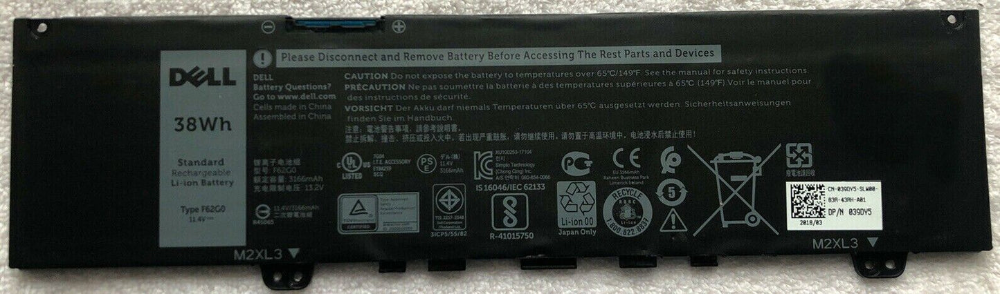F62G0 NEW Battery 39DY5 for Dell Inspiron 13 7000 i7373 7373 7386 2-in-1 7370