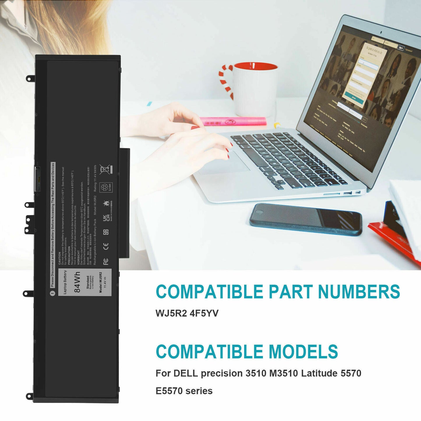 WJ5R2 11.4V 84Wh Laptop Battery Compatible for Dell Precision E5570 3510 4F5YV