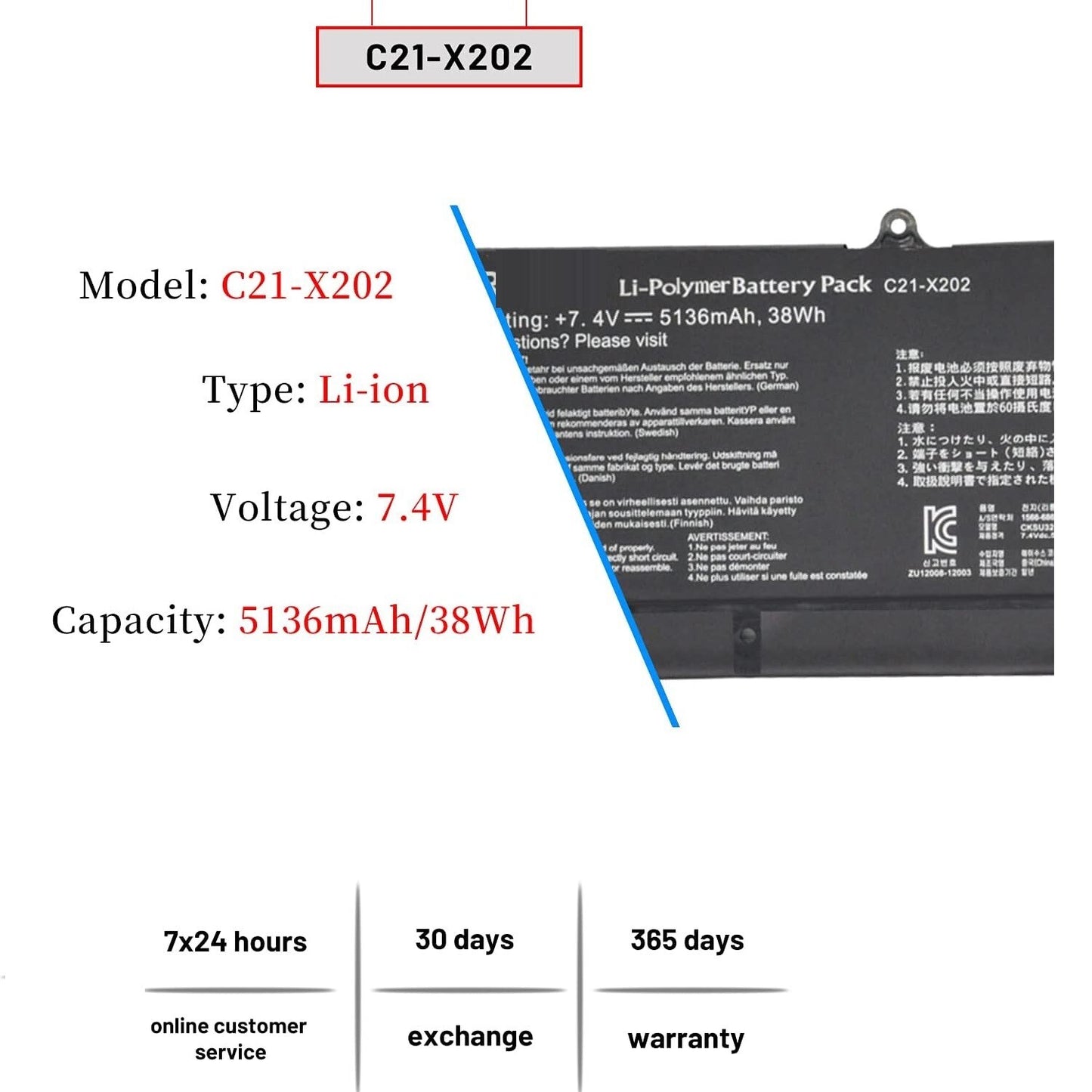 C21-X202 Battery 38Wh For ASUS VivoBook X202 X202E X201E S200E Q200E Series 7.4V