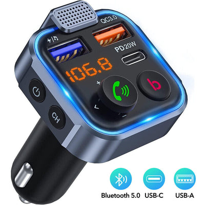 Bluetooth 5.0 Car Wireless FM Transmitter Adapter 2USB PD Charger AUX Hands-Free