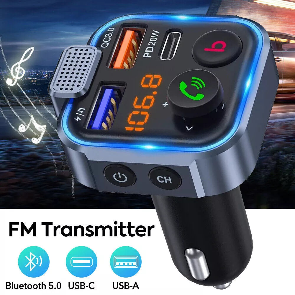Bluetooth 5.0 Car Wireless FM Transmitter Adapter 2USB PD Charger AUX Hands-Free