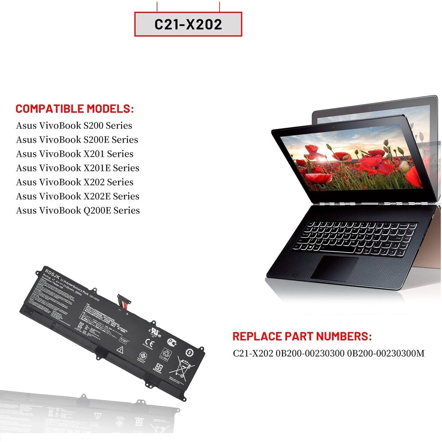 C21-X202 Battery 38Wh For ASUS VivoBook X202 X202E X201E S200E Q200E Series 7.4V