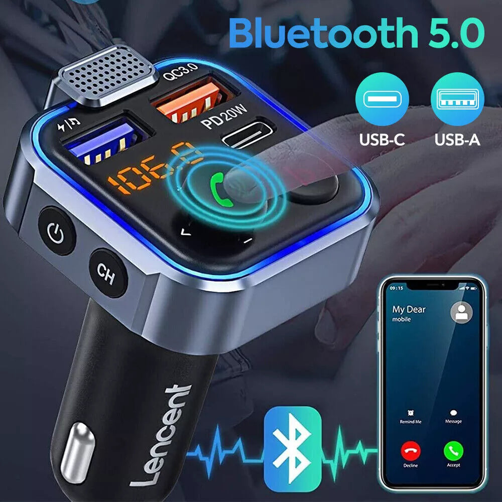 Bluetooth 5.0 Car Wireless FM Transmitter Adapter 2USB PD Charger AUX Hands-Free