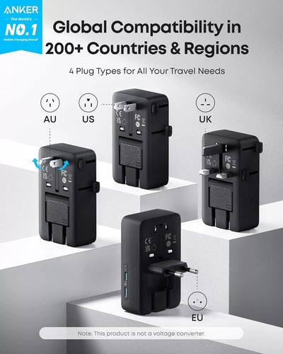 Travel Adapter 5-Port Plug w/ 1 AC+2 USB-A+2 USB-C Smart Temp Control