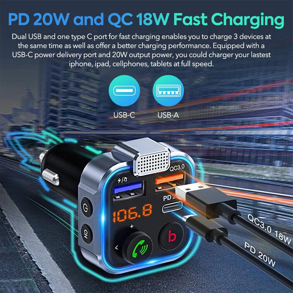 Bluetooth 5.0 Car Wireless FM Transmitter Adapter 2USB PD Charger AUX Hands-Free
